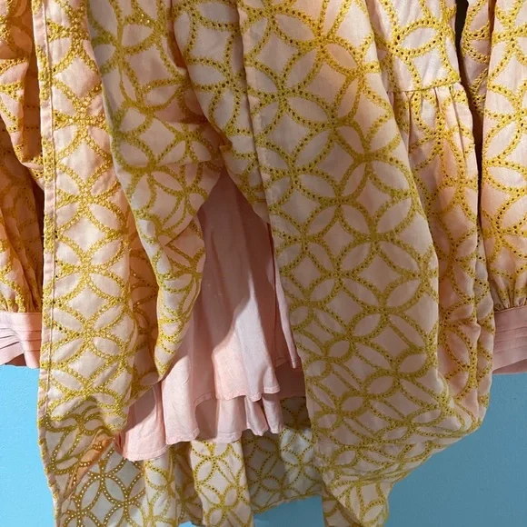 Boho Babydoll Mini Dress Peach Coral Print Pintuck Button Coastal Western Small - Picture 9 of 14